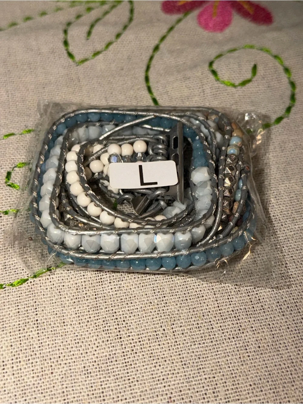 Silver and Multi Blue and White Multi-Strand Beaded Wrap Strap for iPhone
